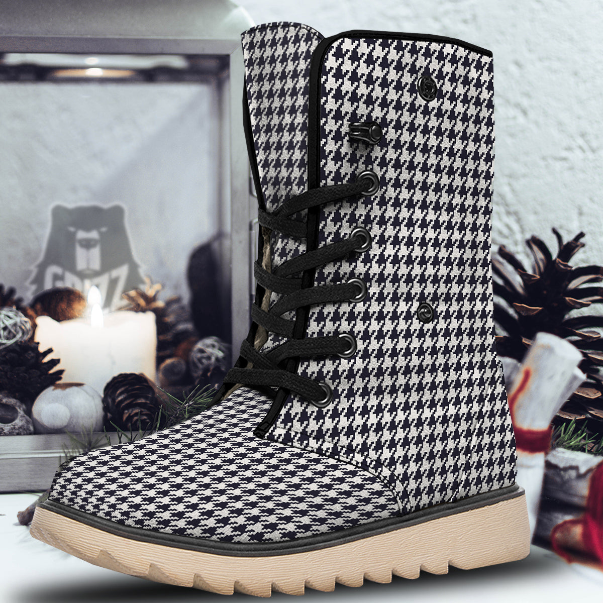 Houndstooth Black Pixel Print Pattern Snow Boots-grizzshop
