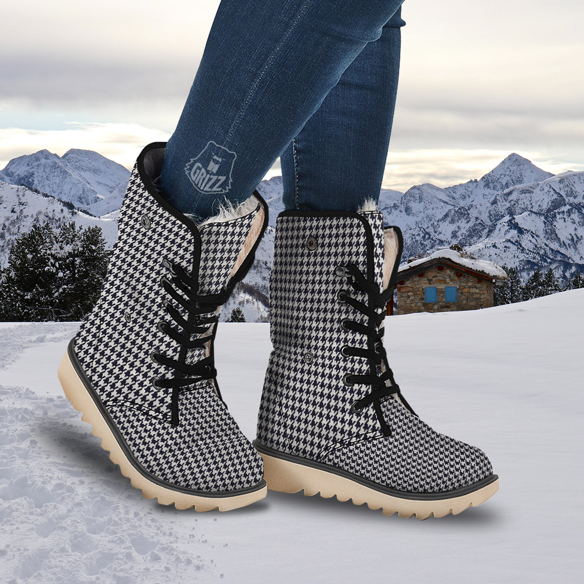 Houndstooth Black Pixel Print Pattern Snow Boots-grizzshop
