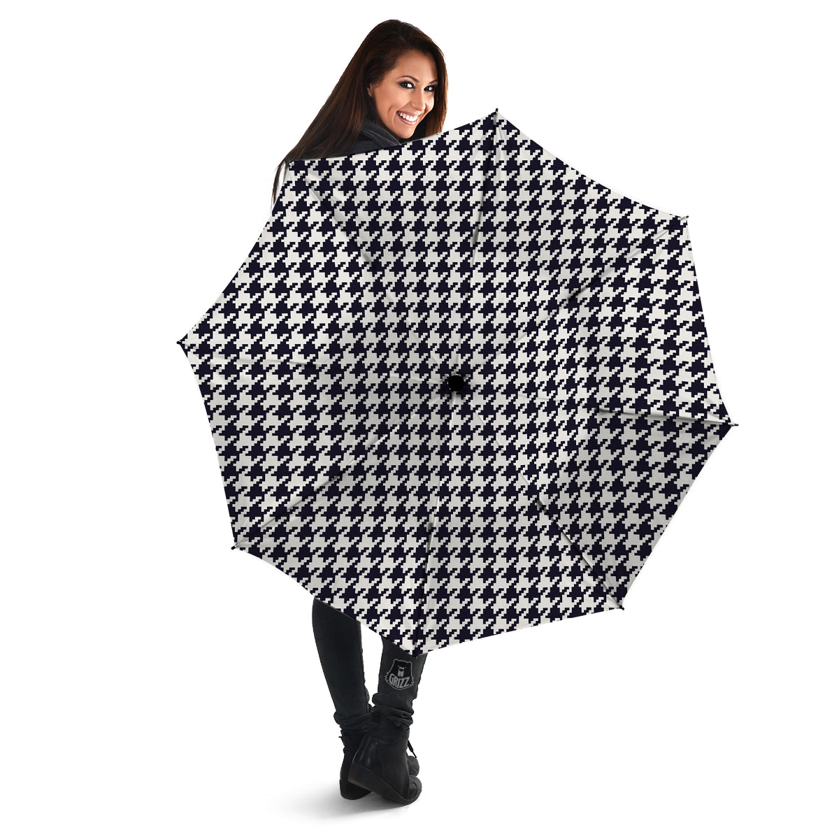 Houndstooth Black Pixel Print Pattern Umbrella-grizzshop