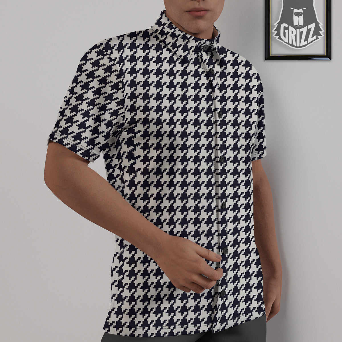 Houndstooth Black Pixel Print Pattern Untucked Shirts-grizzshop