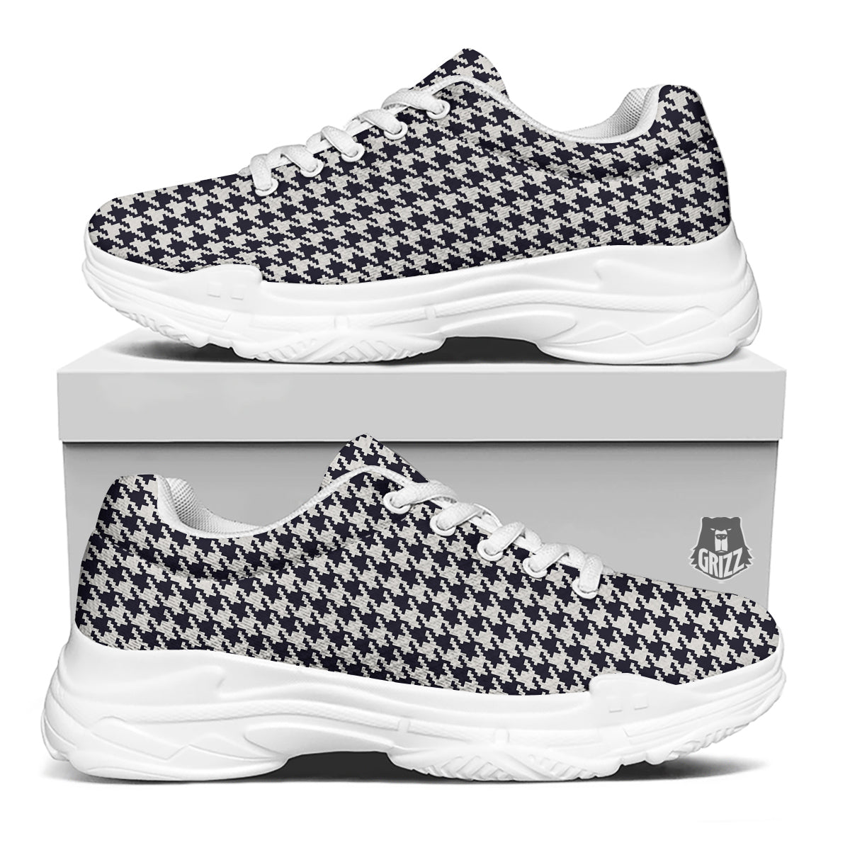 Houndstooth Black Pixel Print Pattern White Chunky Shoes-grizzshop