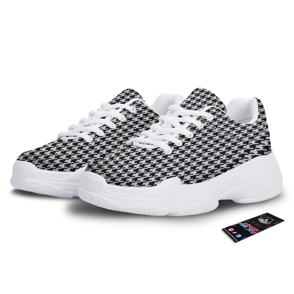 Houndstooth Black Pixel Print Pattern White Chunky Shoes-grizzshop