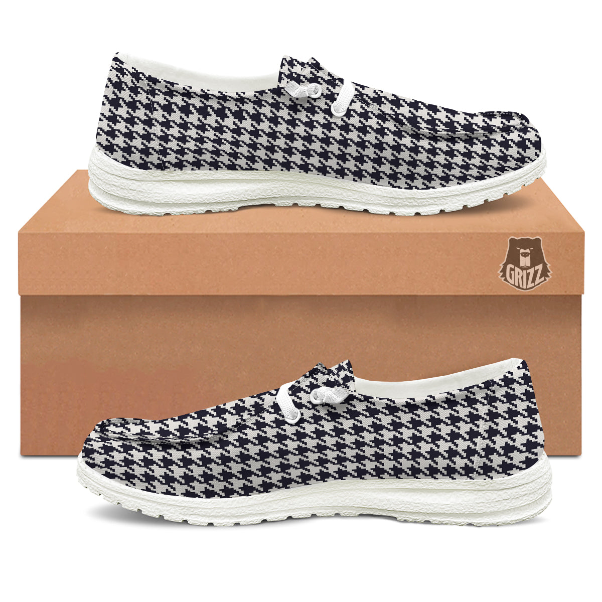 Houndstooth Black Pixel Print Pattern White Loafers-grizzshop