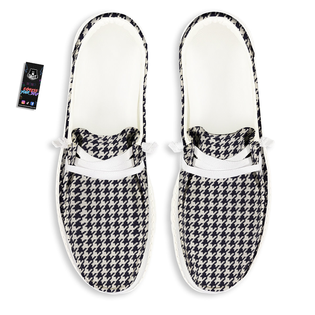 Houndstooth Black Pixel Print Pattern White Loafers-grizzshop