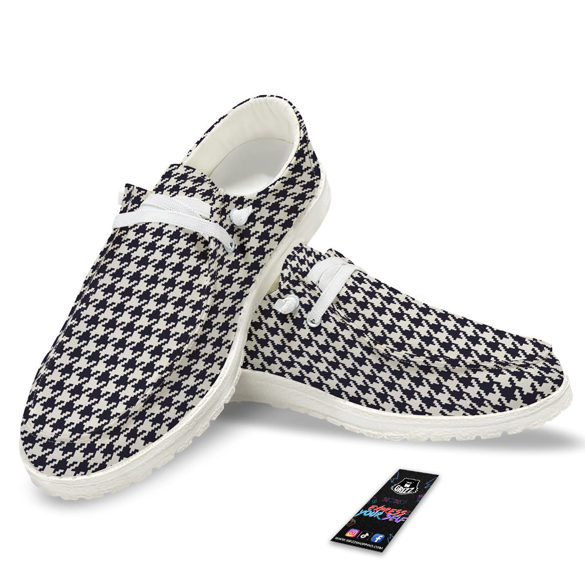 Houndstooth Black Pixel Print Pattern White Loafers-grizzshop