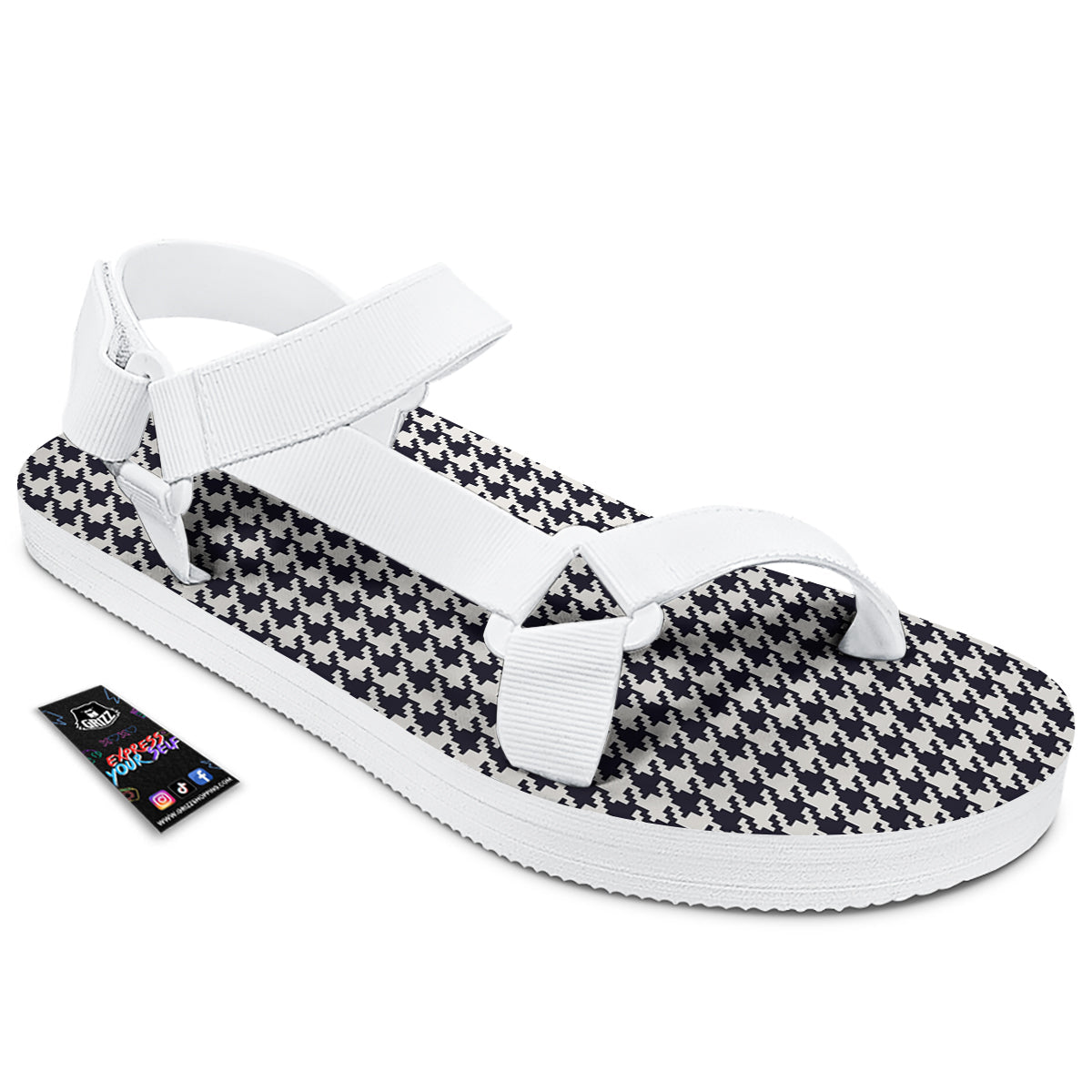 Houndstooth Black Pixel Print Pattern White Open Toe Sandals-grizzshop