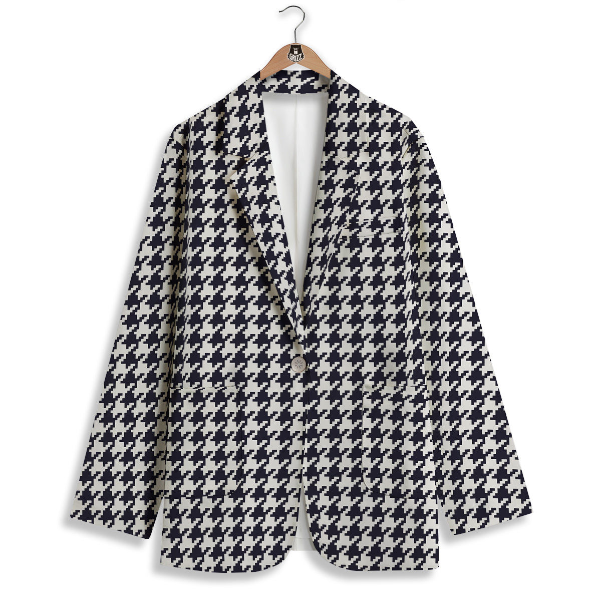 Houndstooth Black Pixel Print Pattern Women's Blazer-grizzshop