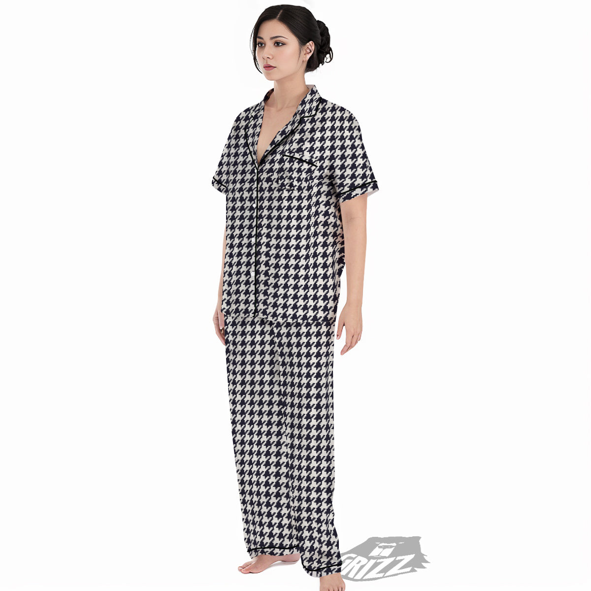 Houndstooth Black Pixel Print Pattern Women's Pajamas Set-grizzshop