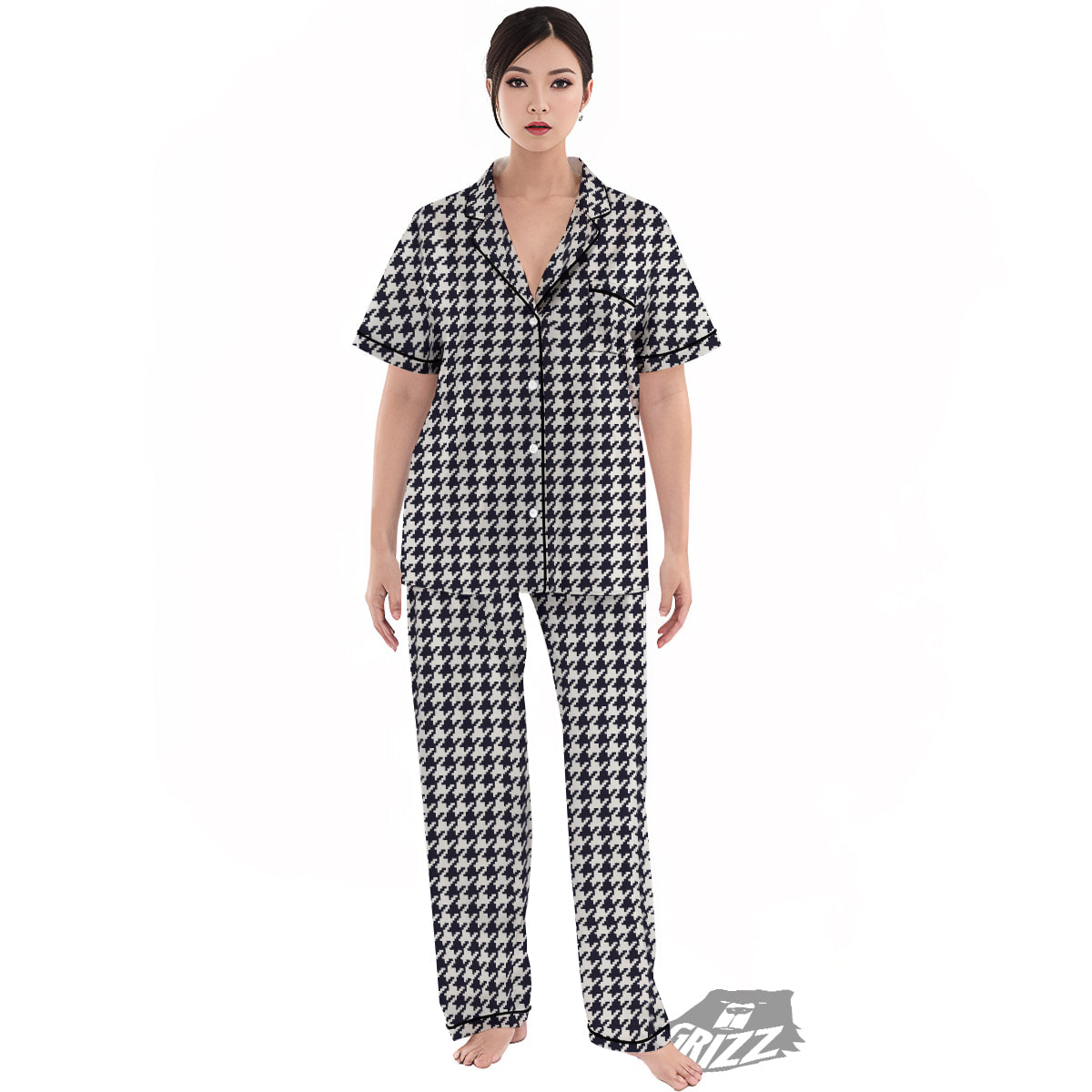 Houndstooth Black Pixel Print Pattern Women's Pajamas Set-grizzshop