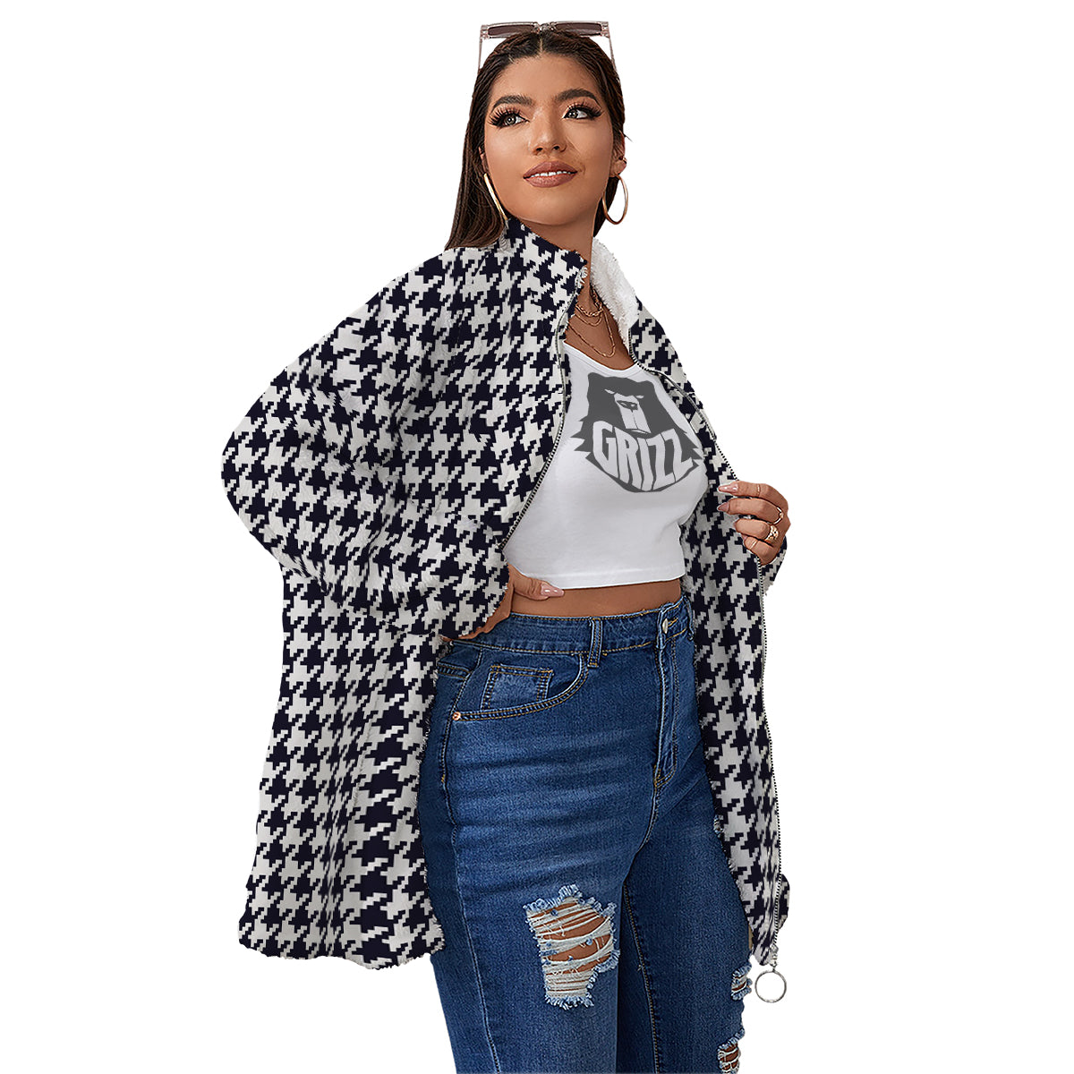Houndstooth Black Pixel Print Pattern Women's Sherpa Jacket-grizzshop