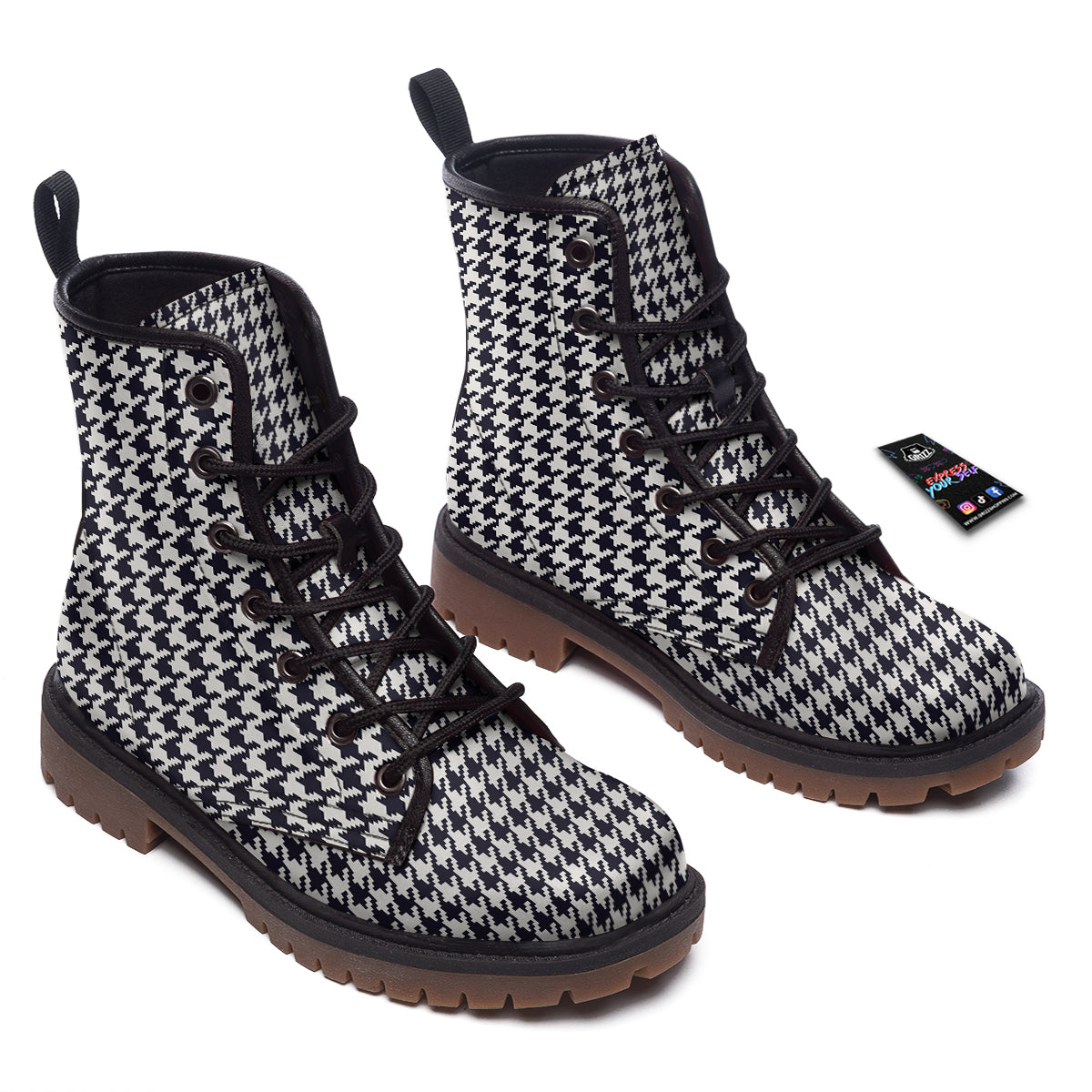 Houndstooth Black Pixel Print Pattern Work Boots-grizzshop