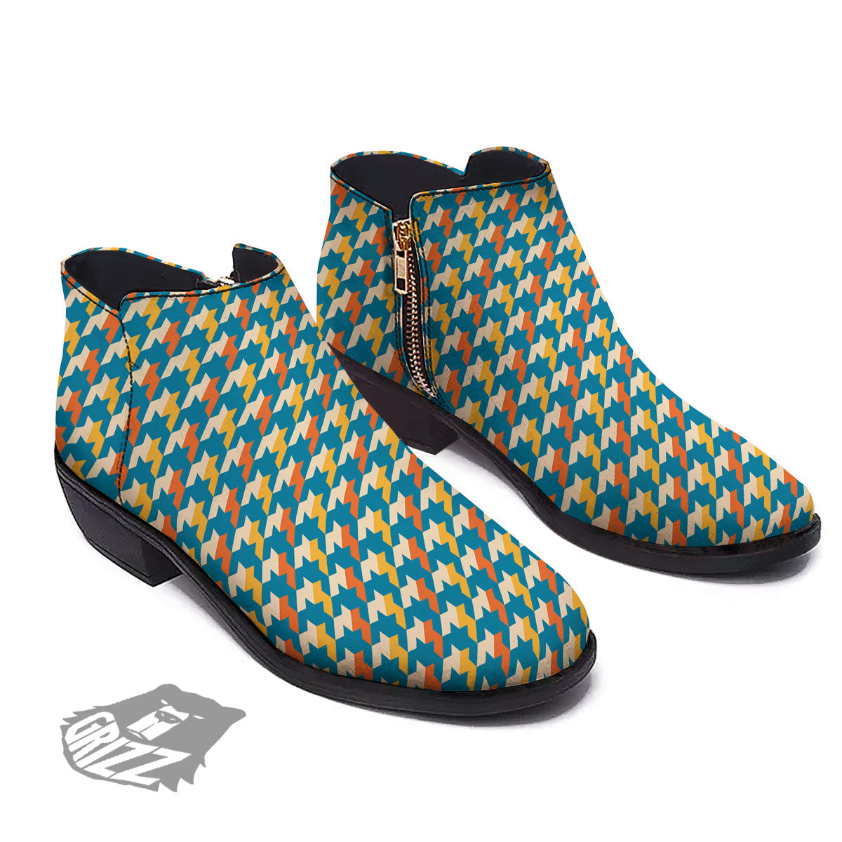 Houndstooth Blue And Orange Print Ankle Boots-grizzshop
