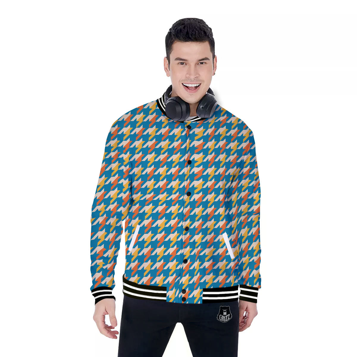 Houndstooth Blue And Orange Print Baseball Jacket-grizzshop