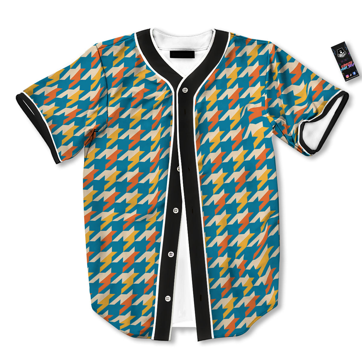 Houndstooth Blue And Orange Print Baseball Jersey-grizzshop
