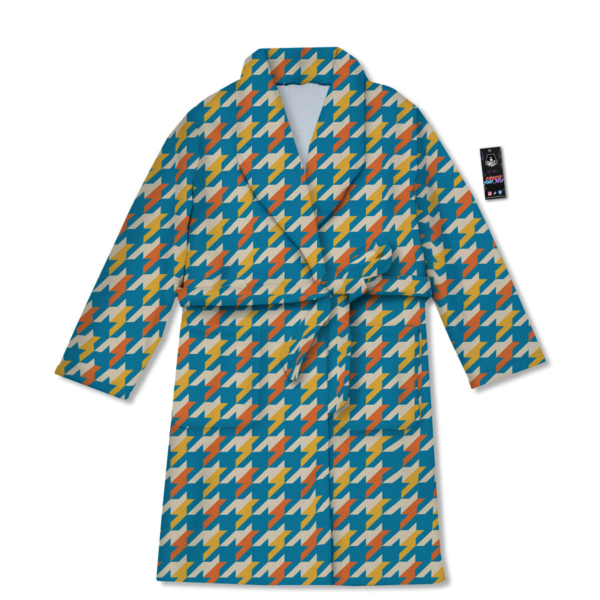 Houndstooth Blue And Orange Print Bathrobe-grizzshop