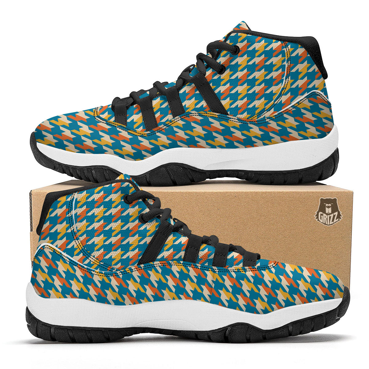 Houndstooth Blue And Orange Print Black Bball Shoes-grizzshop