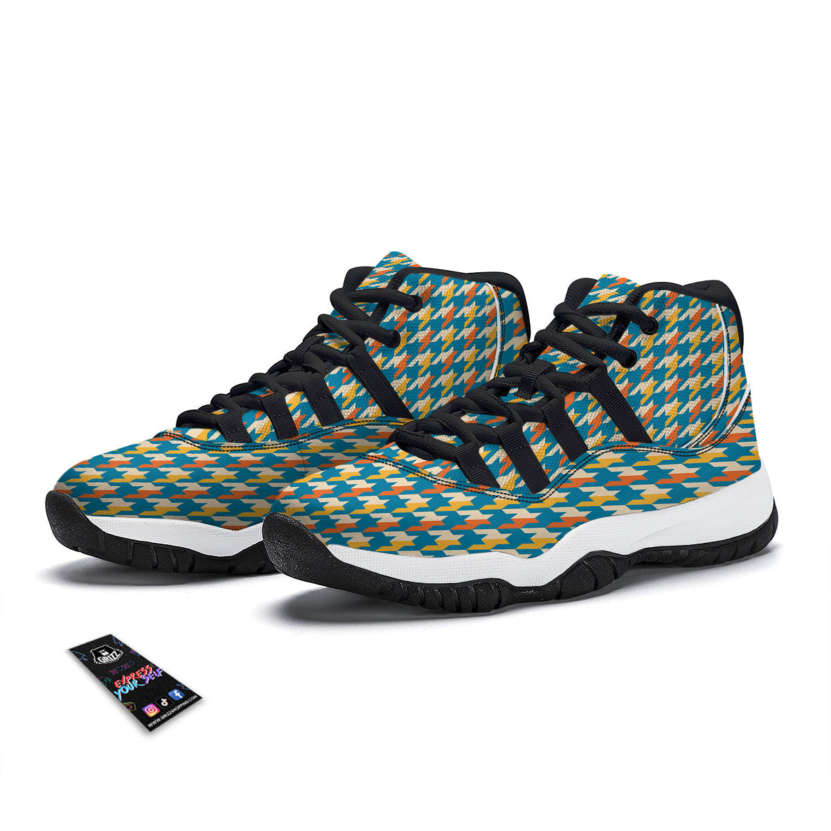 Houndstooth Blue And Orange Print Black Bball Shoes-grizzshop