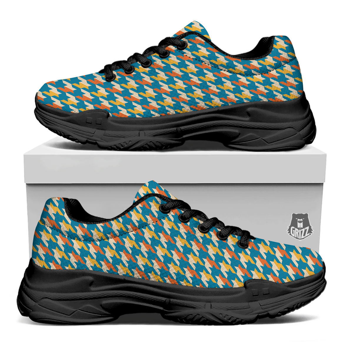 Houndstooth Blue And Orange Print Black Chunky Shoes-grizzshop