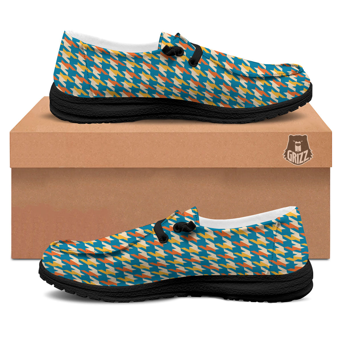 Houndstooth Blue And Orange Print Black Loafers-grizzshop