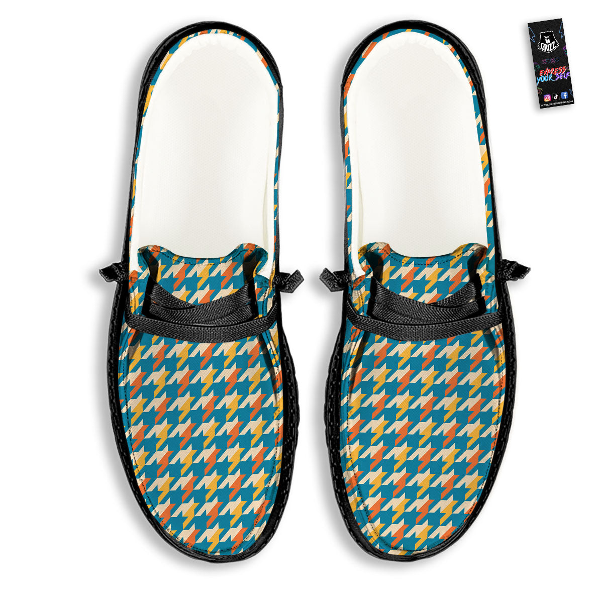 Houndstooth Blue And Orange Print Black Loafers-grizzshop