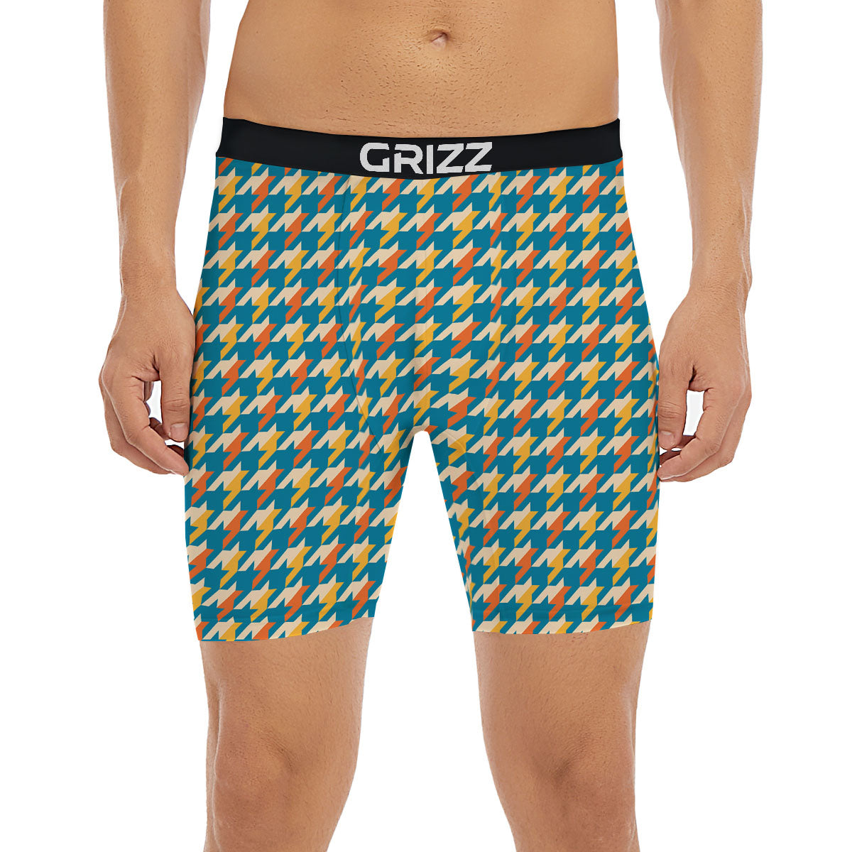 Houndstooth Blue And Orange Print Boxer Briefs-grizzshop
