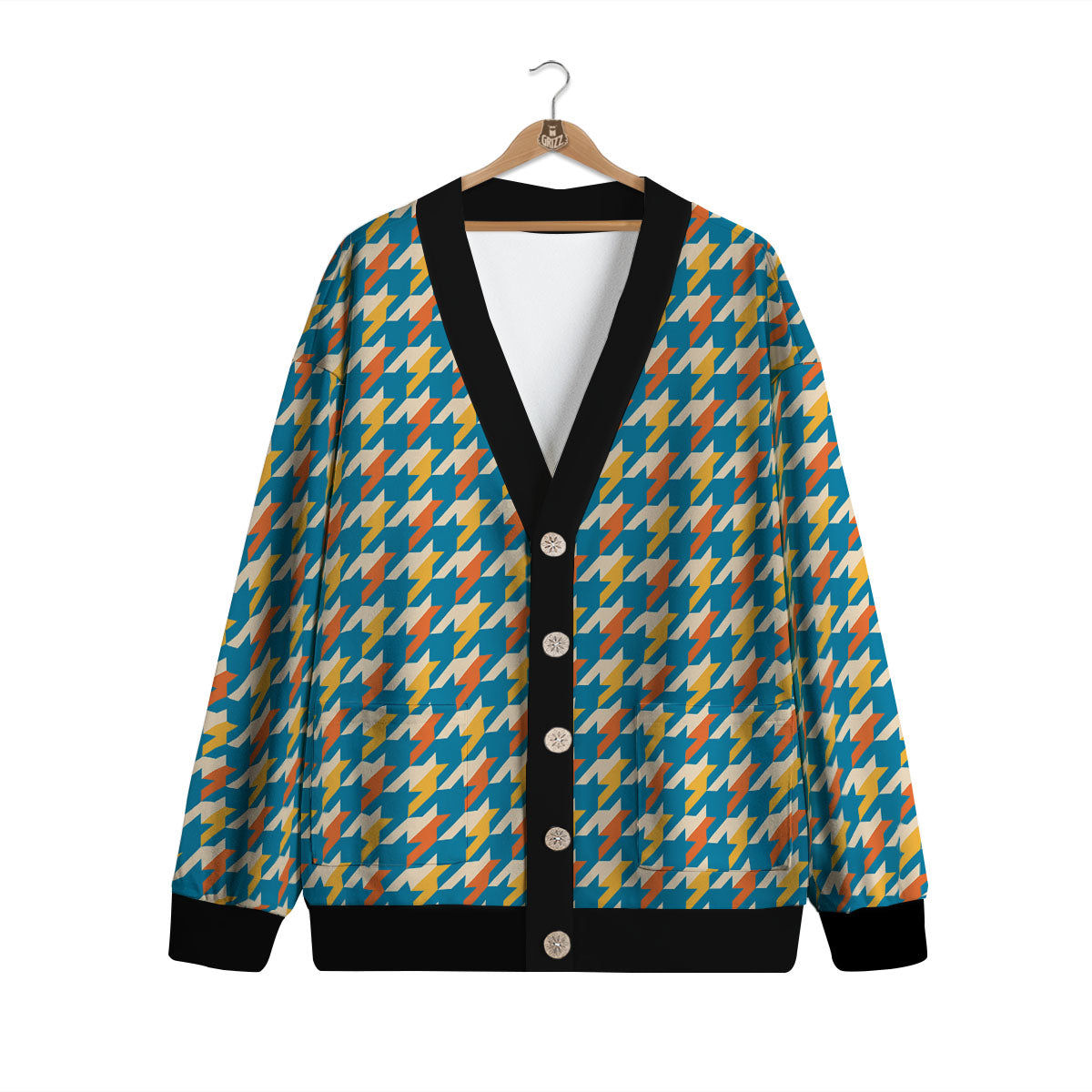 Houndstooth Blue And Orange Print Cardigan-grizzshop