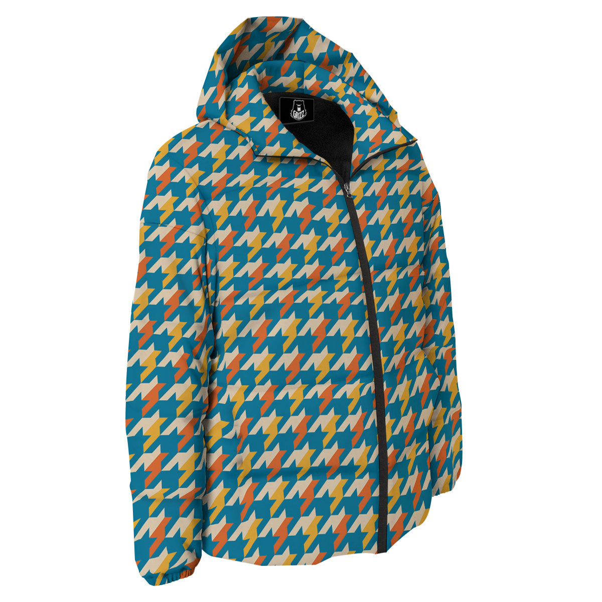 Houndstooth Blue And Orange Print Down Jacket-grizzshop