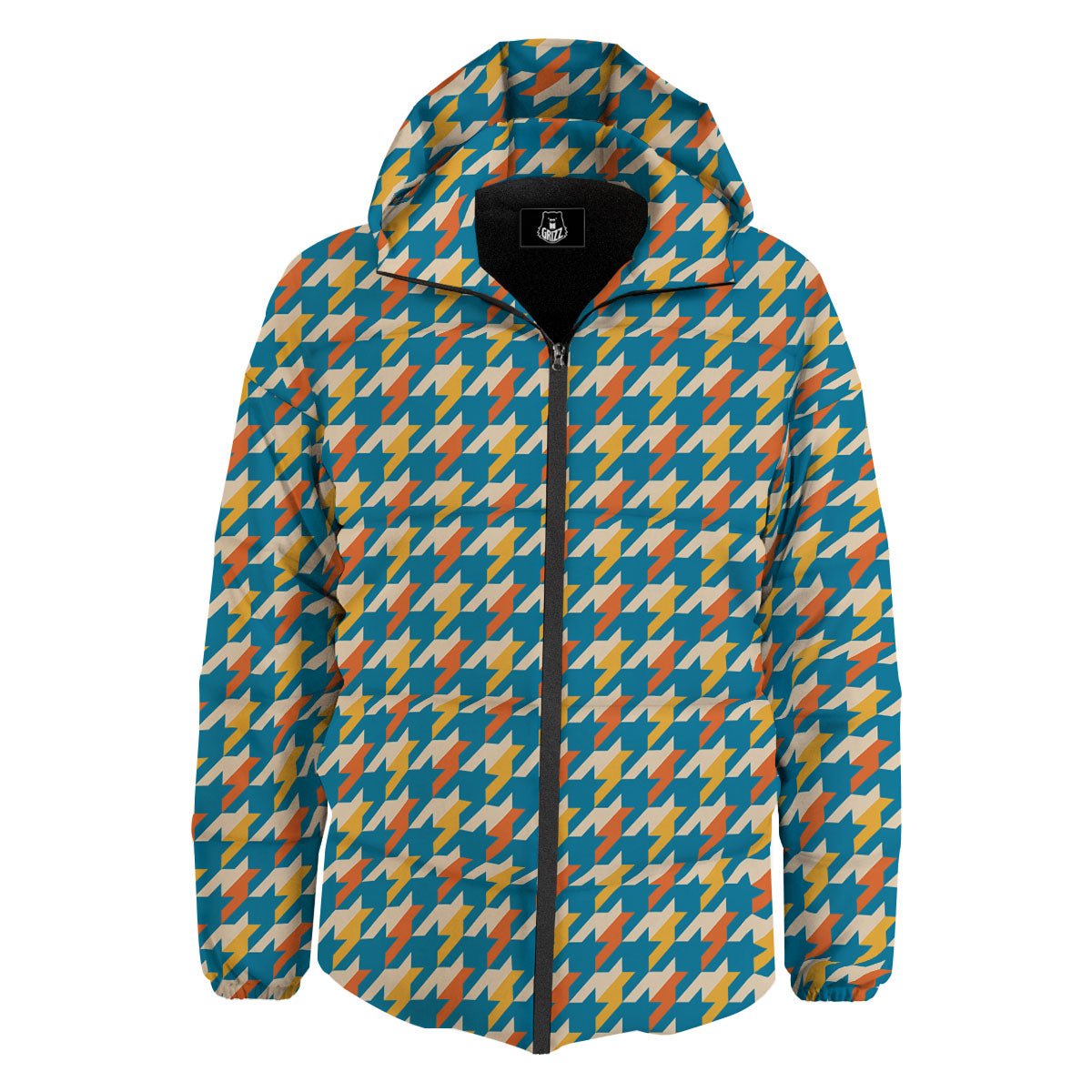 Houndstooth Blue And Orange Print Down Jacket-grizzshop