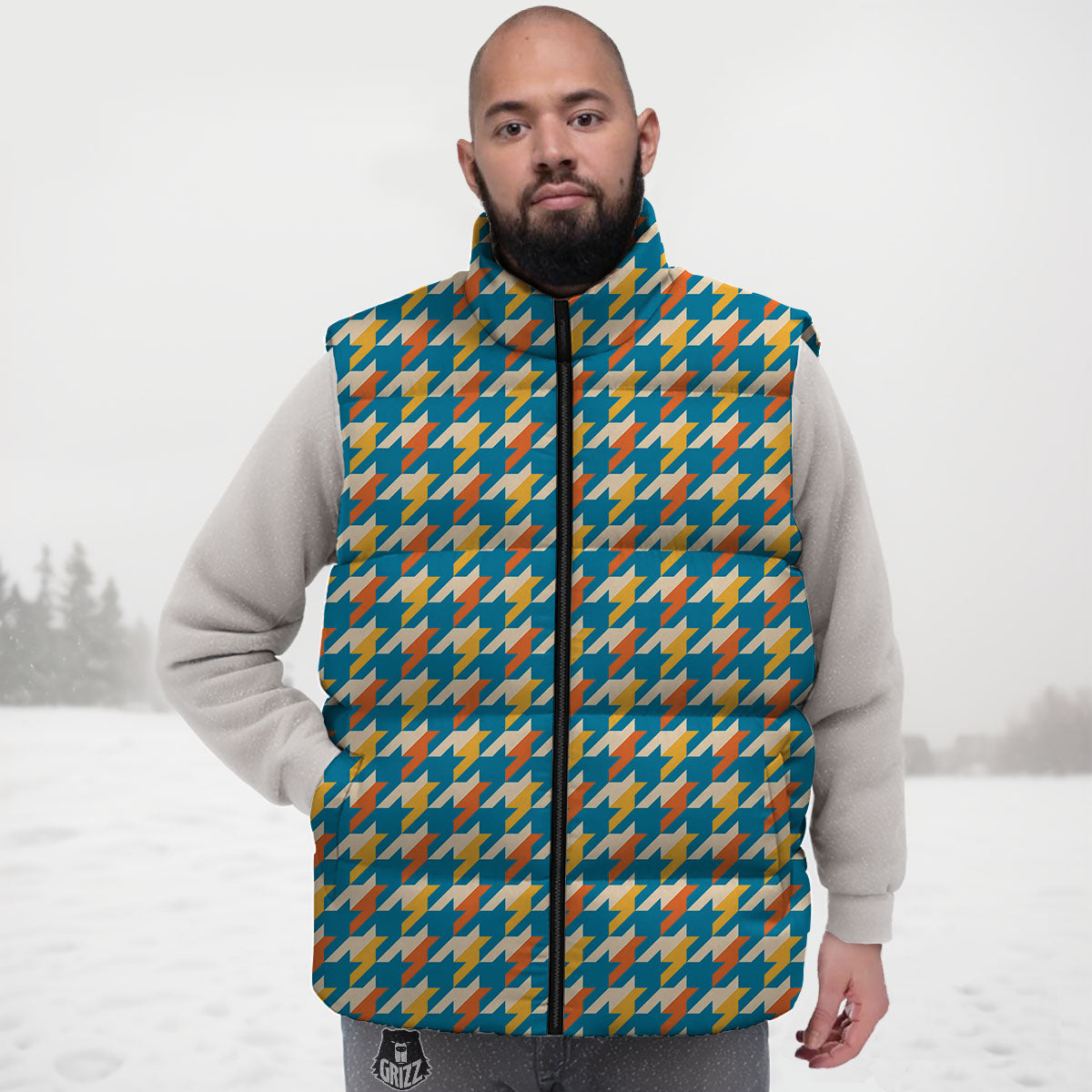 Houndstooth Blue And Orange Print Down Vest