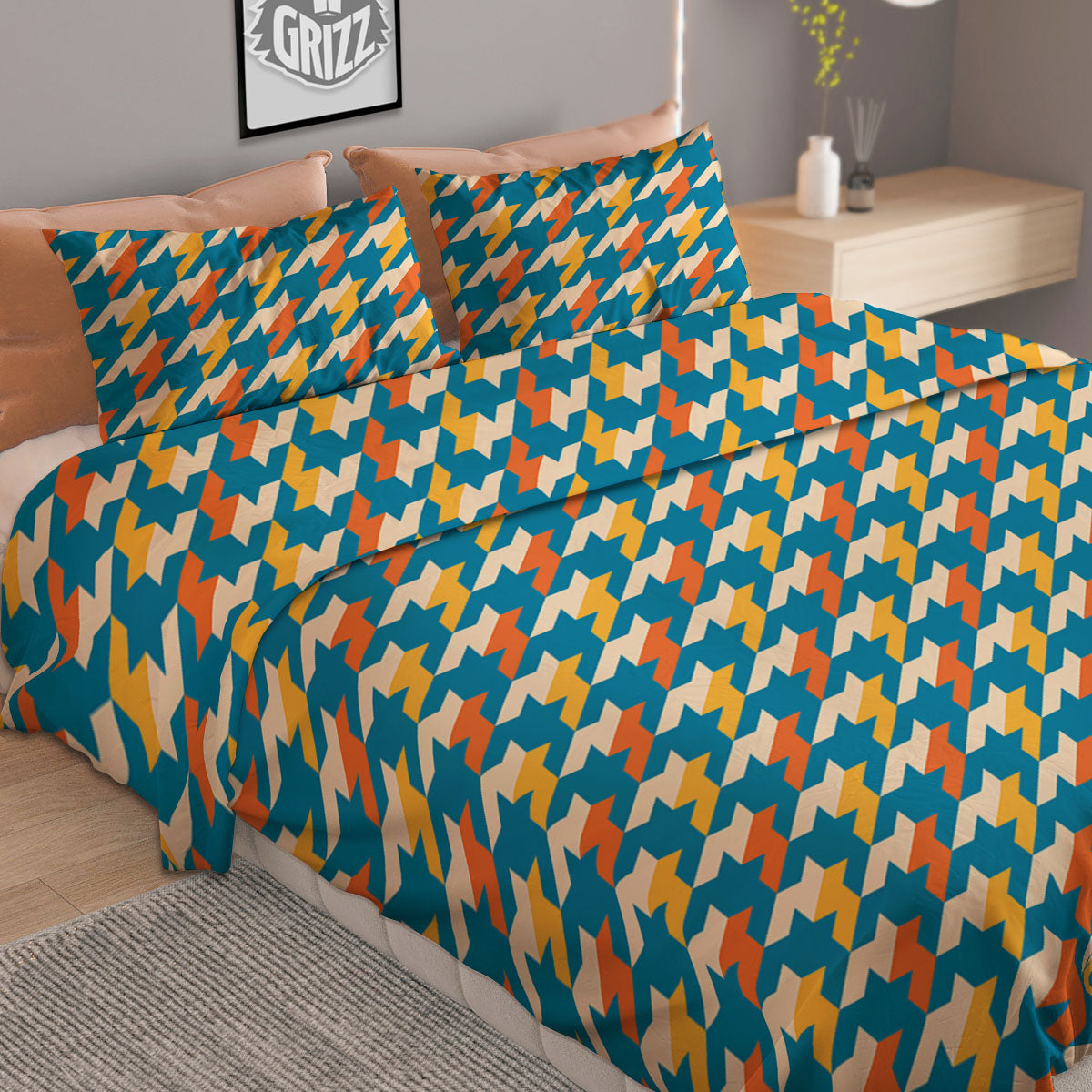 Houndstooth Blue And Orange Print Duvet Cover Bedding Set