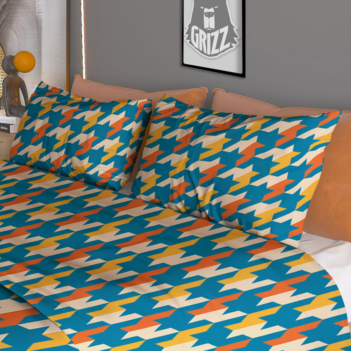 Houndstooth Blue And Orange Print Duvet Cover Bedding Set
