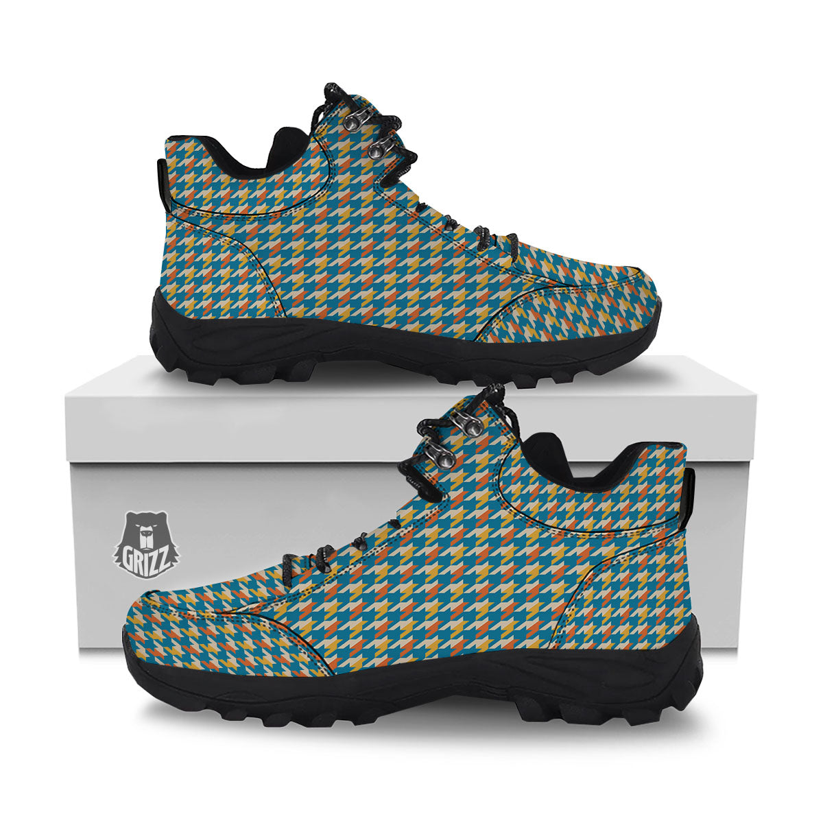 Houndstooth Blue And Orange Print Hiking Shoes-grizzshop