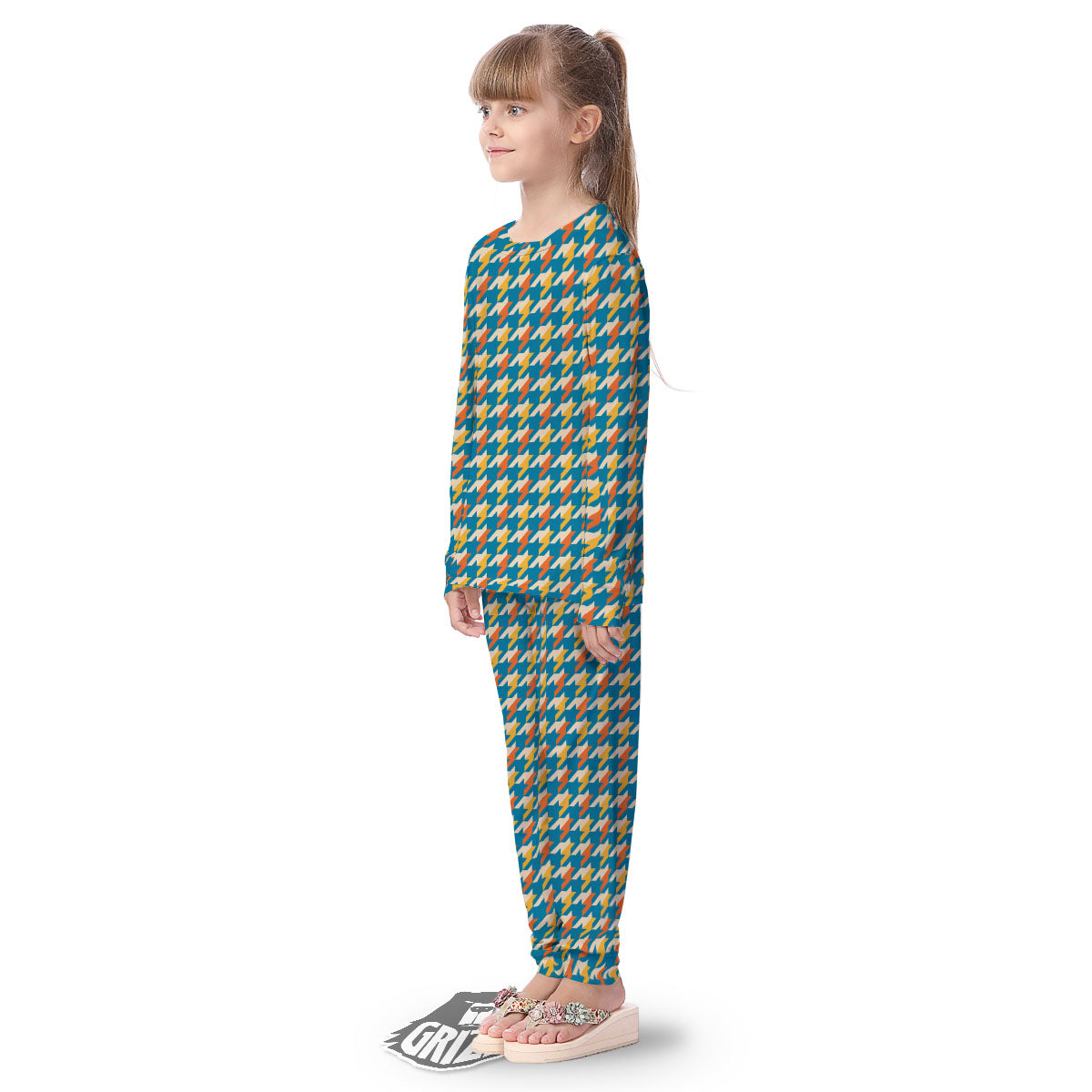 Houndstooth Blue And Orange Print Kid's Pajamas-grizzshop