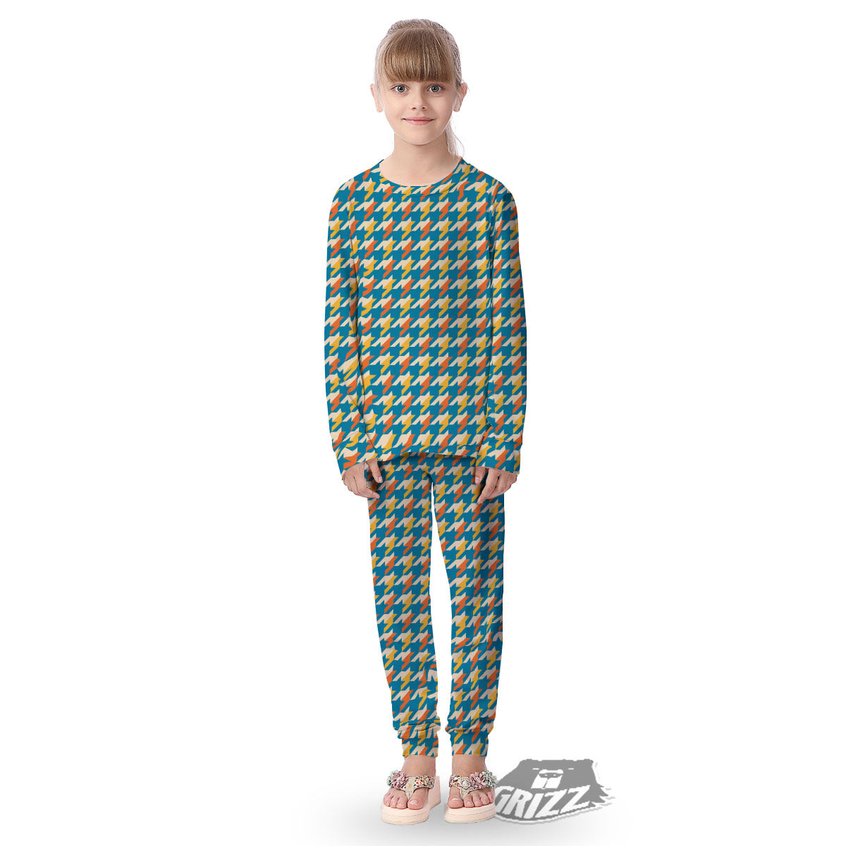 Houndstooth Blue And Orange Print Kid's Pajamas-grizzshop