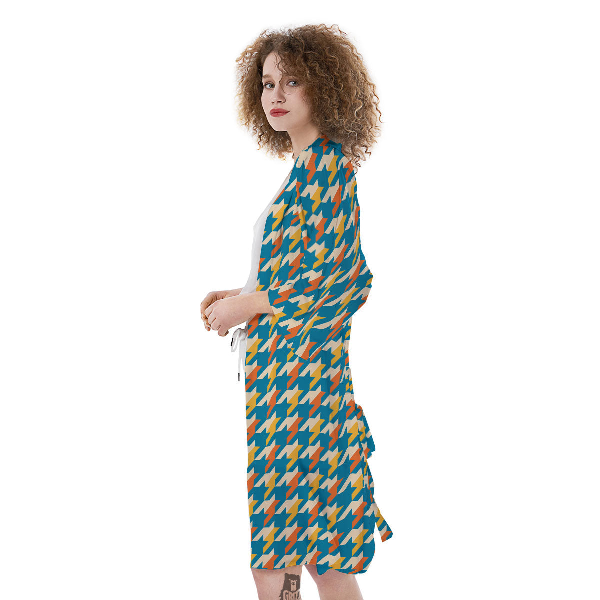 Houndstooth Blue And Orange Print Kimono-grizzshop