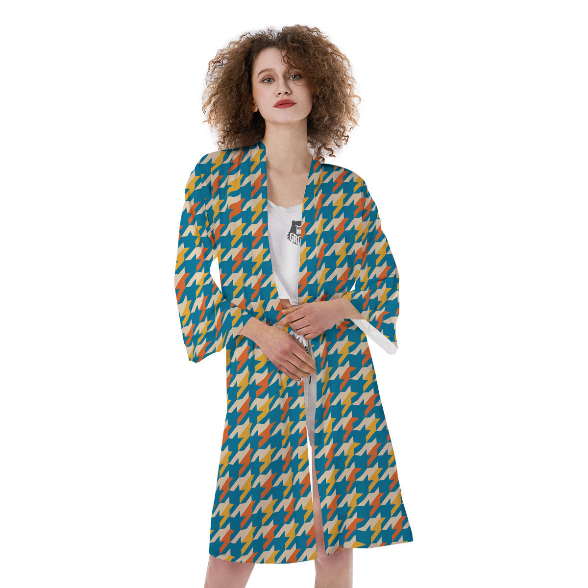 Houndstooth Blue And Orange Print Kimono-grizzshop
