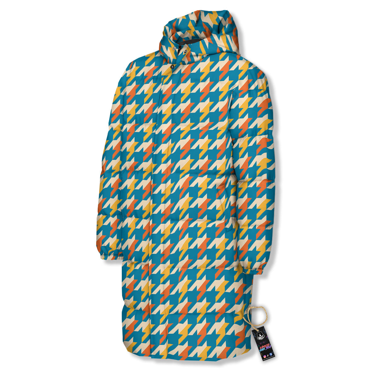 Houndstooth Blue And Orange Print Long Down Jacket-grizzshop