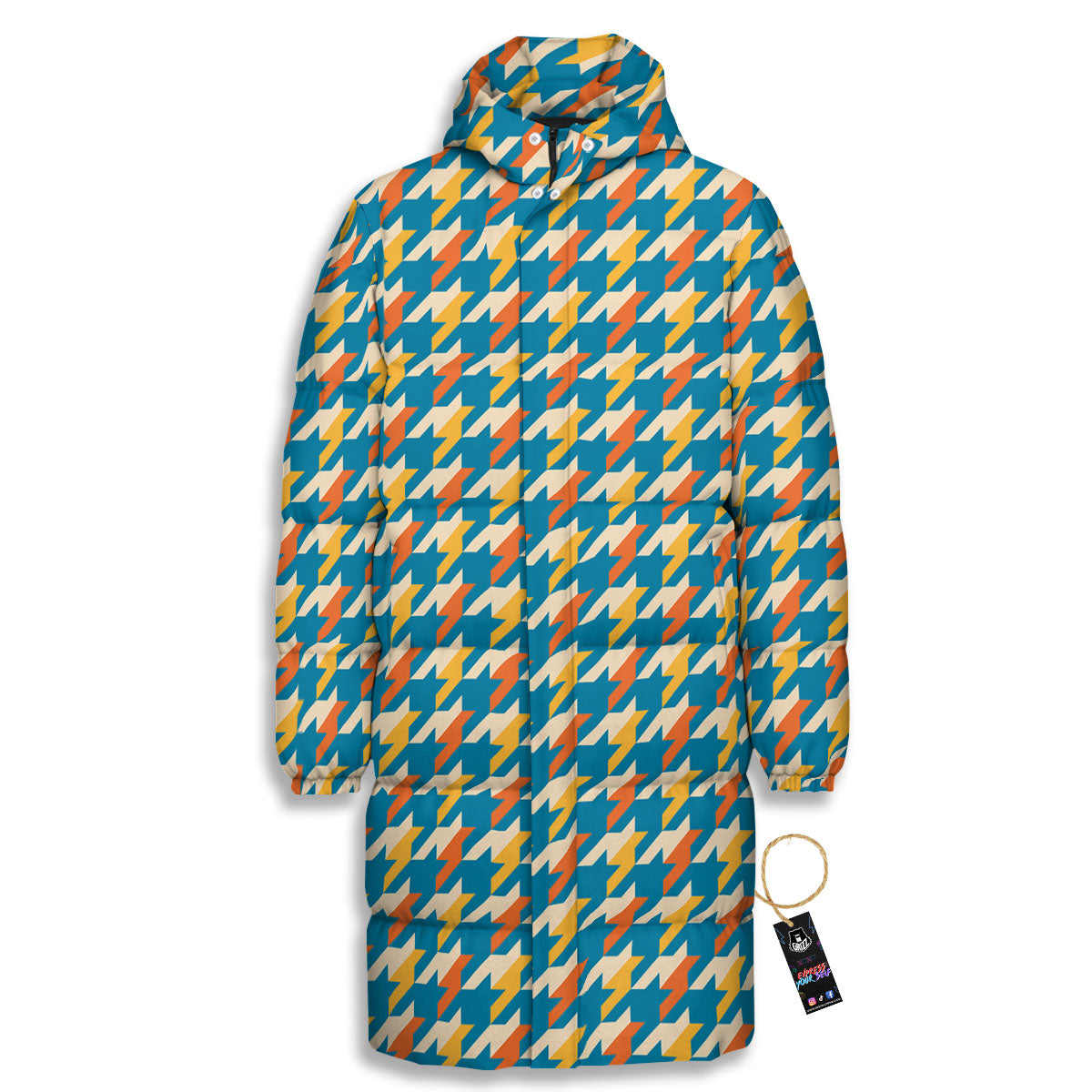 Houndstooth Blue And Orange Print Long Down Jacket-grizzshop