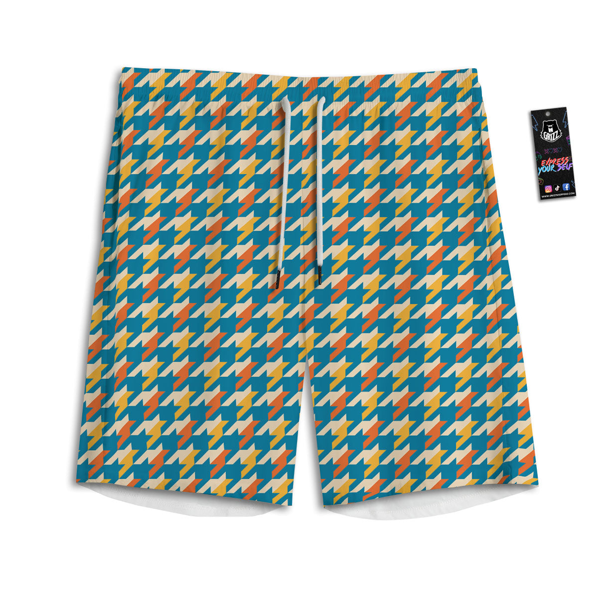 Houndstooth Blue And Orange Print Men's Athletic Shorts