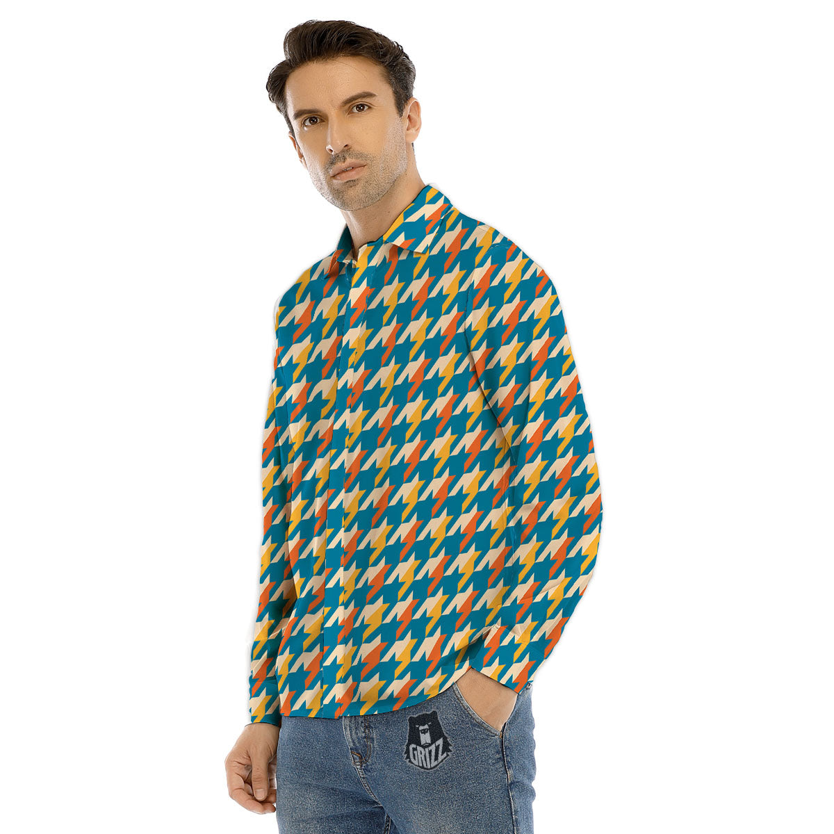 Houndstooth Blue And Orange Print Men's Dress Shirts-grizzshop