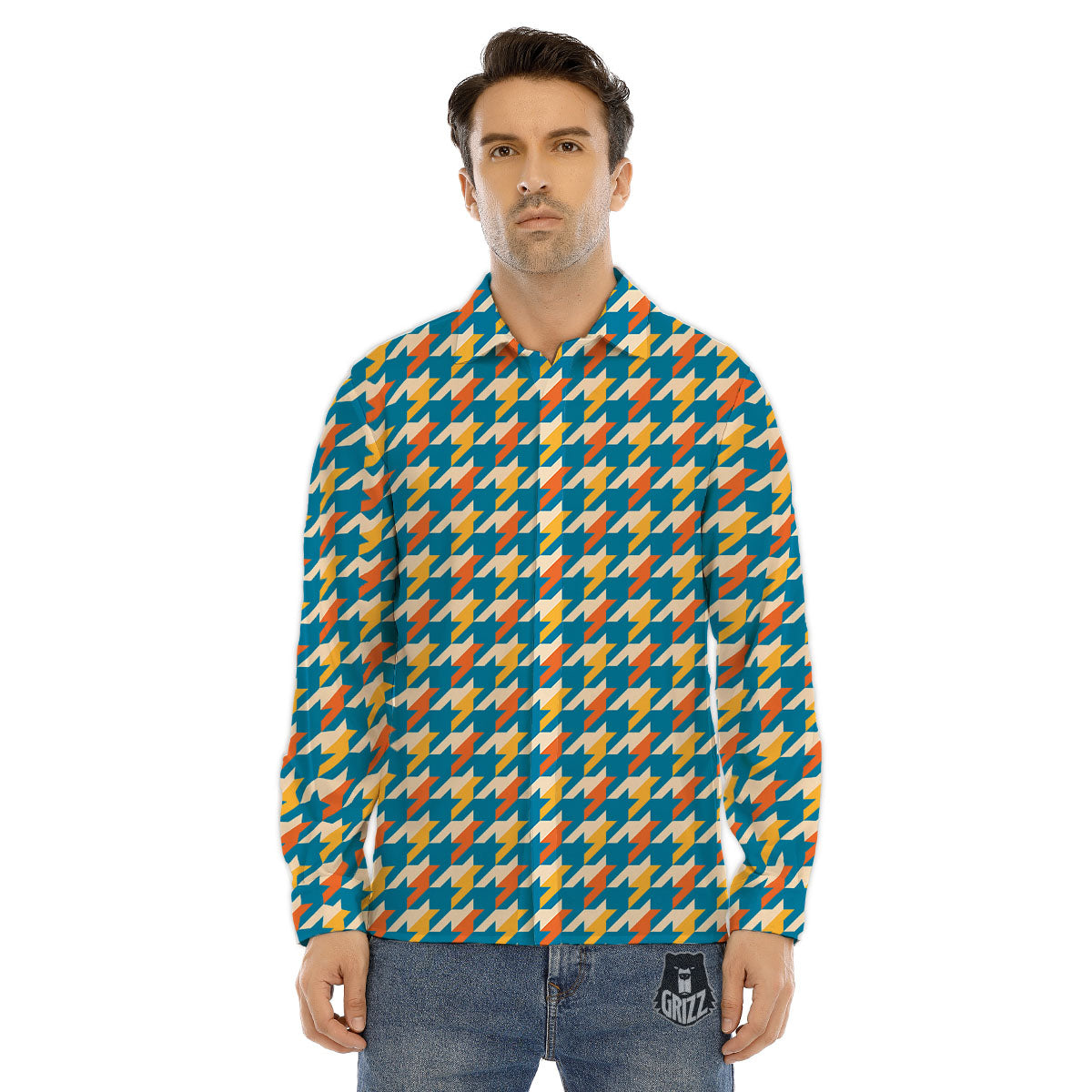 Houndstooth Blue And Orange Print Men's Dress Shirts-grizzshop