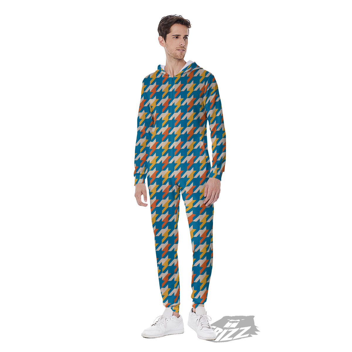 Houndstooth Blue And Orange Print Men's Jumpsuit-grizzshop