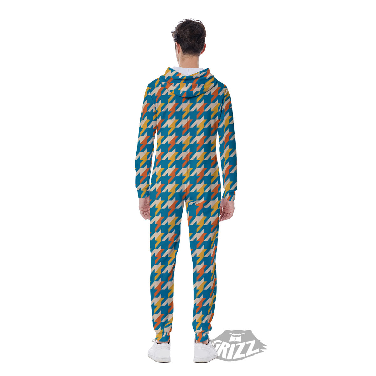 Houndstooth Blue And Orange Print Men's Jumpsuit-grizzshop