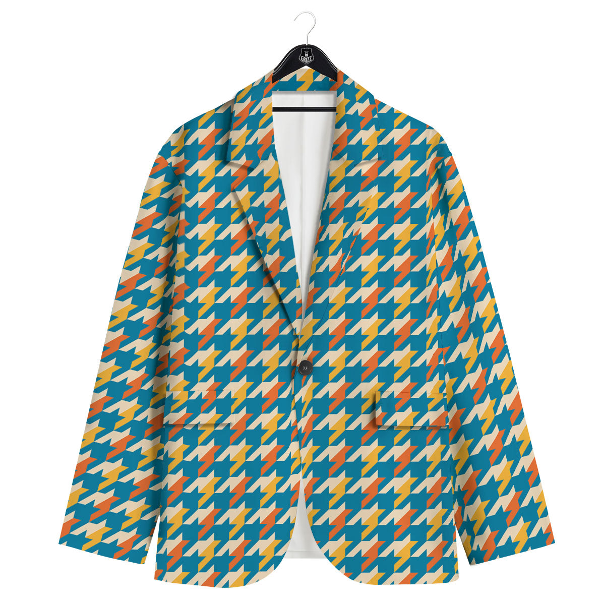 Houndstooth Blue And Orange Print Men's Sport Coat-grizzshop