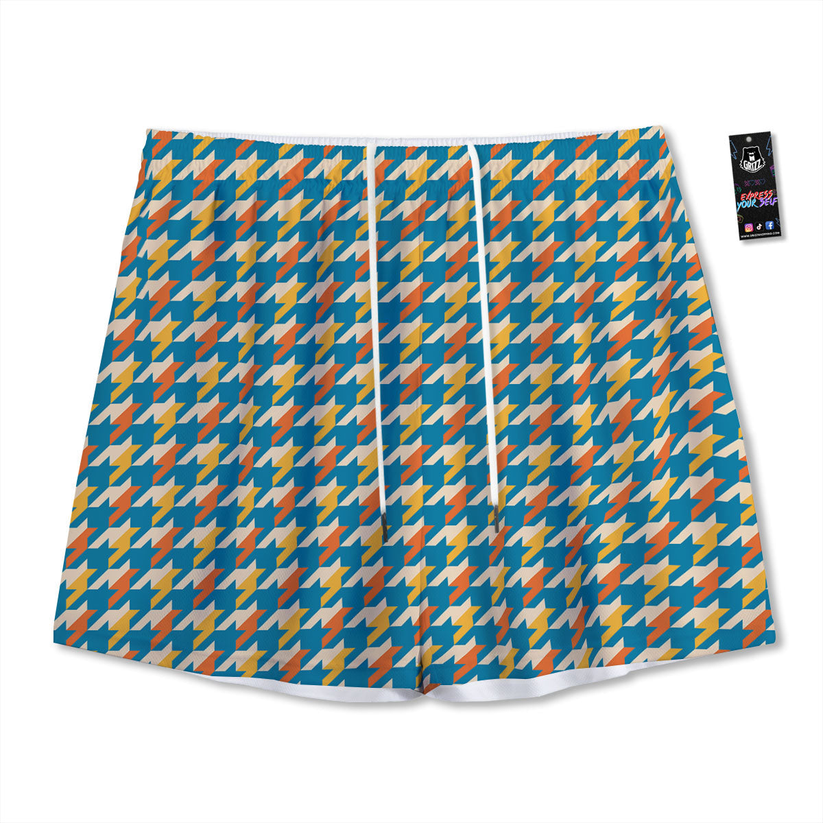 Houndstooth Blue And Orange Print Mesh Shorts