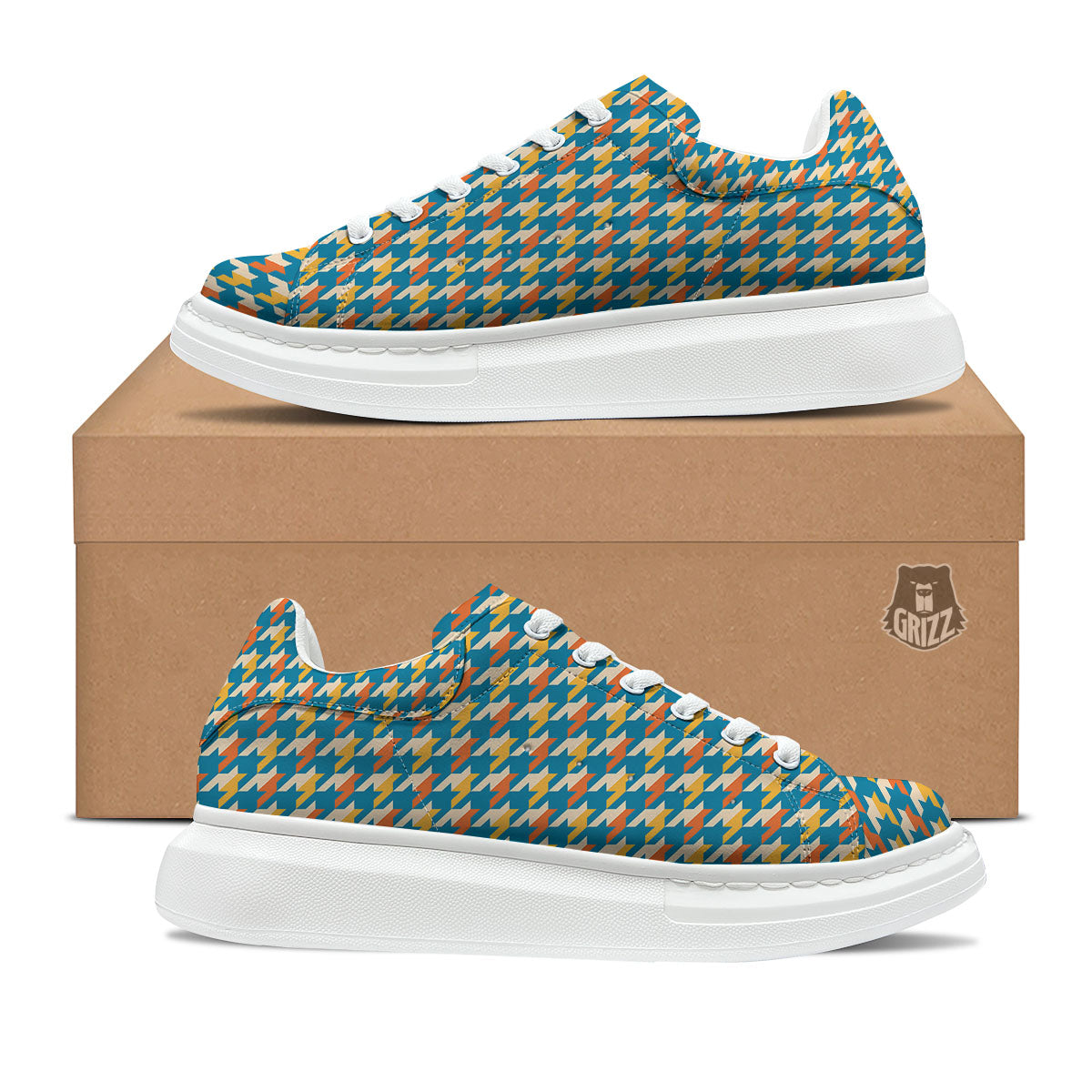 Houndstooth Blue And Orange Print Platform Shoes-grizzshop