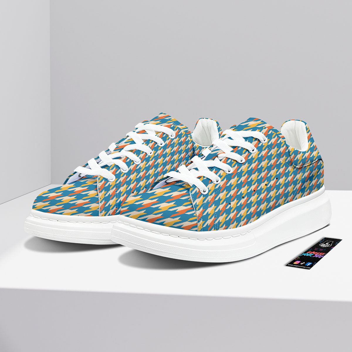Houndstooth Blue And Orange Print Platform Shoes-grizzshop