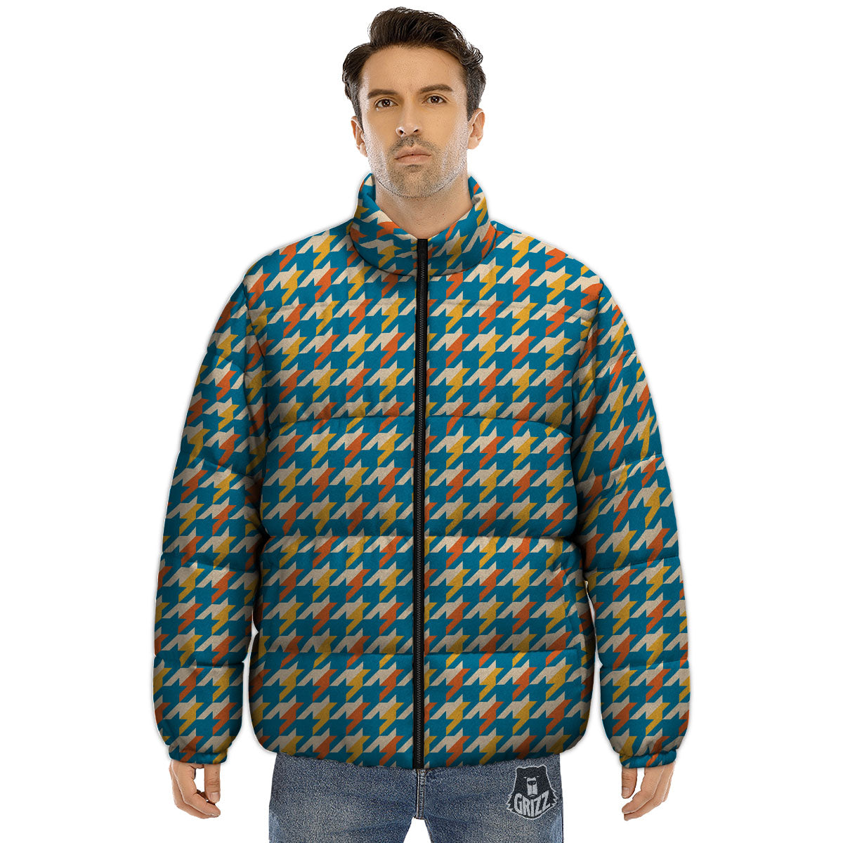 Houndstooth Blue And Orange Print Puffer Jacket-grizzshop