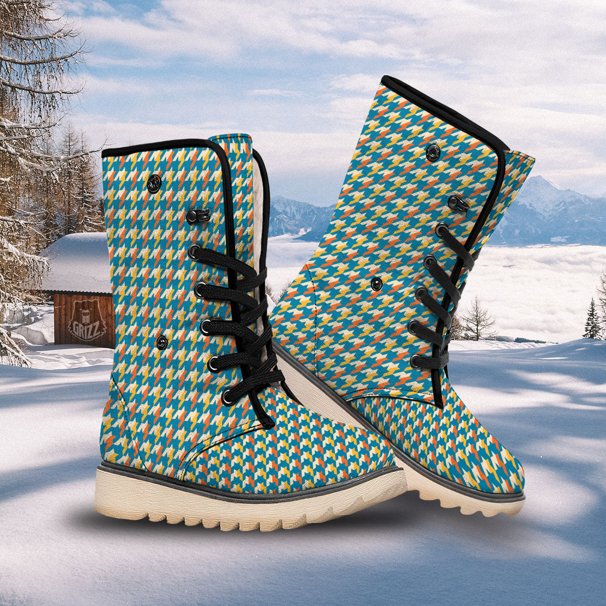 Houndstooth Blue And Orange Print Snow Boots-grizzshop
