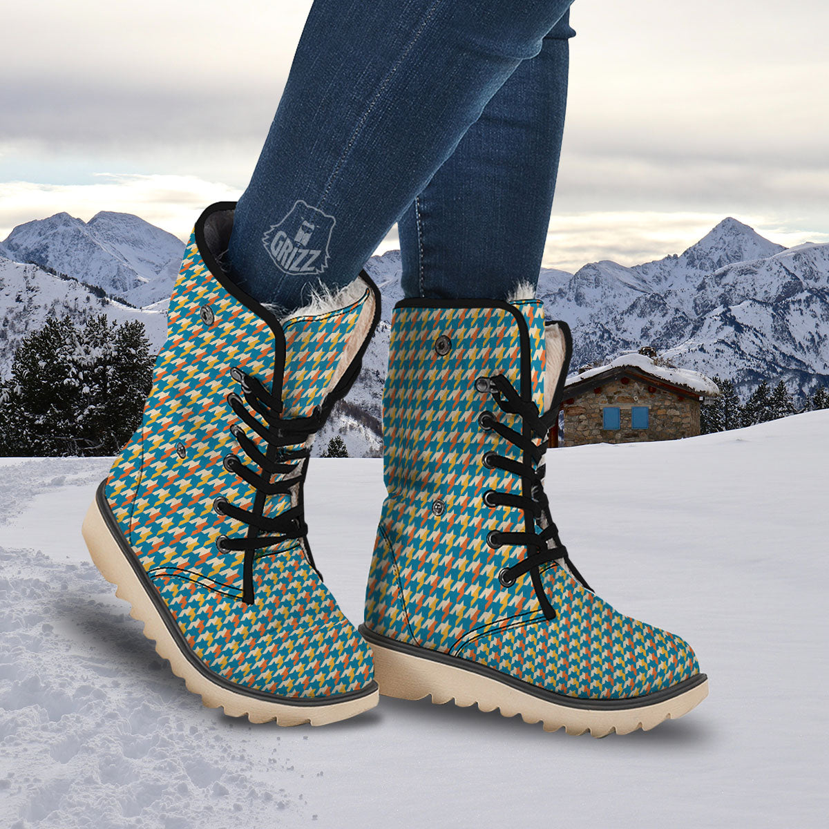 Houndstooth Blue And Orange Print Snow Boots-grizzshop